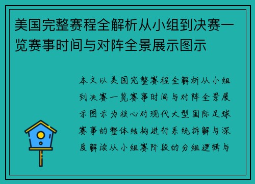 美国完整赛程全解析从小组到决赛一览赛事时间与对阵全景展示图示 美国完整赛程全解析从小组到决赛一览赛事时间与对阵全景展示图示